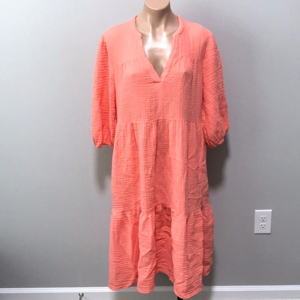 Lou & Grey Tiered Gauze Dress Peach Coral Orange